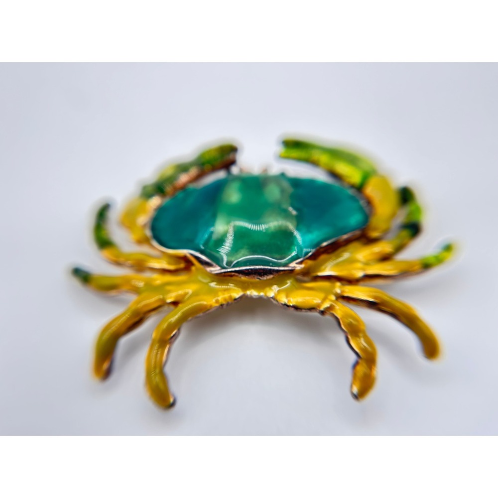 MJ Crab Brooch Pin Womens OS Teal Green Yellow Good Enamel Nautical Gold Tone